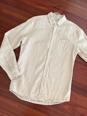 Tarocash Mens SZ S Linen Blend Button Down Cream Long Sleeve Chest 42 In
